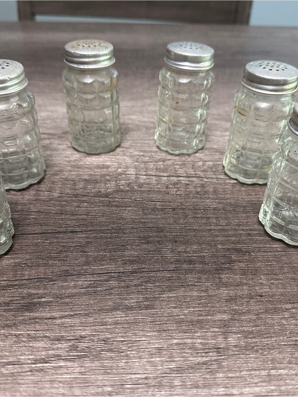 Set of Six Vintage Clear Glass Salt & Pepper Shakers with Silver Tops